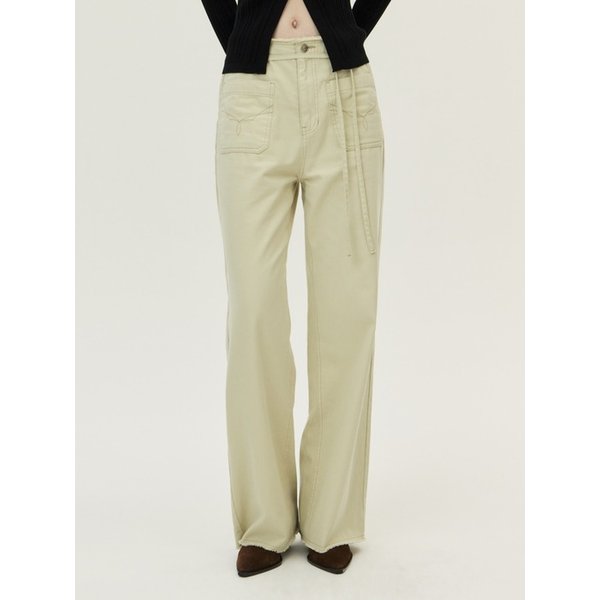 Frayed Embroidered Pocket Denim Pants, Light Khaki