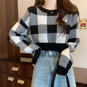 / NK3347 러블리 체크 배색 라운드넥 긴팔 크롭 니트티