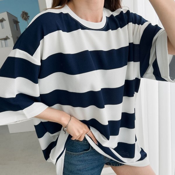 남여공용 데일리 단가라 반팔 라운드 티셔츠 5C5-TSH-Q002