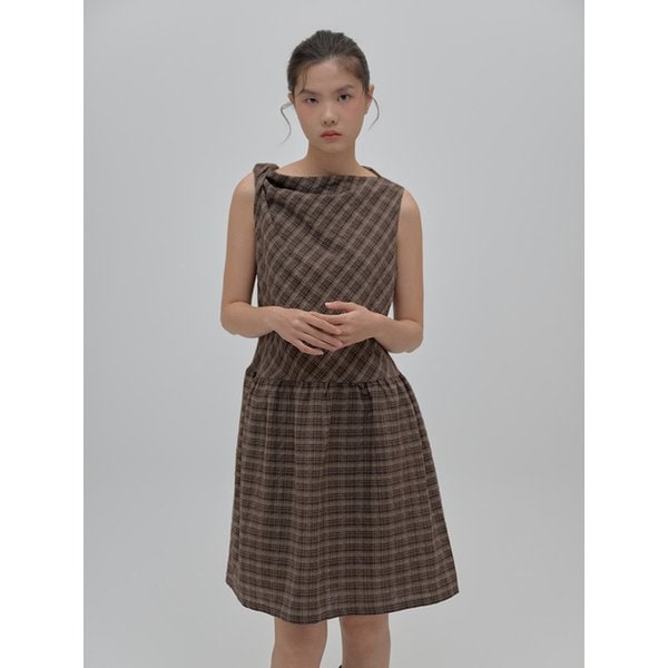 Twisted Shoulder Check Cotton Layered Dress_brown