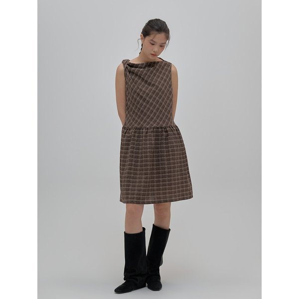 Twisted Shoulder Check Cotton Layered Dress_brown