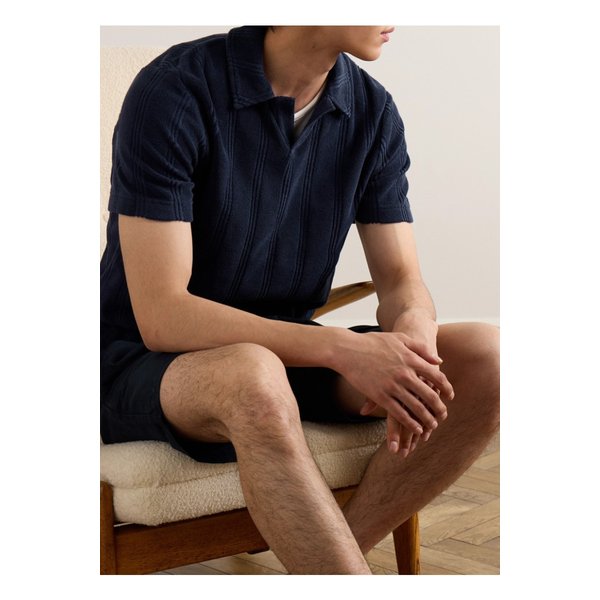 스트라이프 테리 코튼 폴로 셔츠 블루