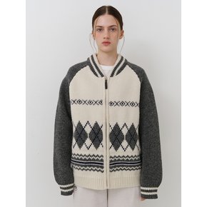 [ Wool 100% ] Unisex Argyle knit zip-up - Grey