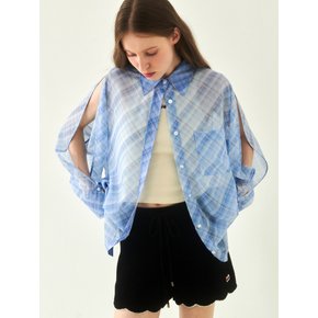 [OVER-FIT] CHIFFON SEE-THROUGH SLEEVE DETAIL BLUE CHECK SHIRT