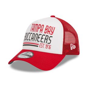 4573925 New Era Mens White/Red Tampa Bay Buccaneers Stacked A-Frame Trucker 9FORTY Adjusta