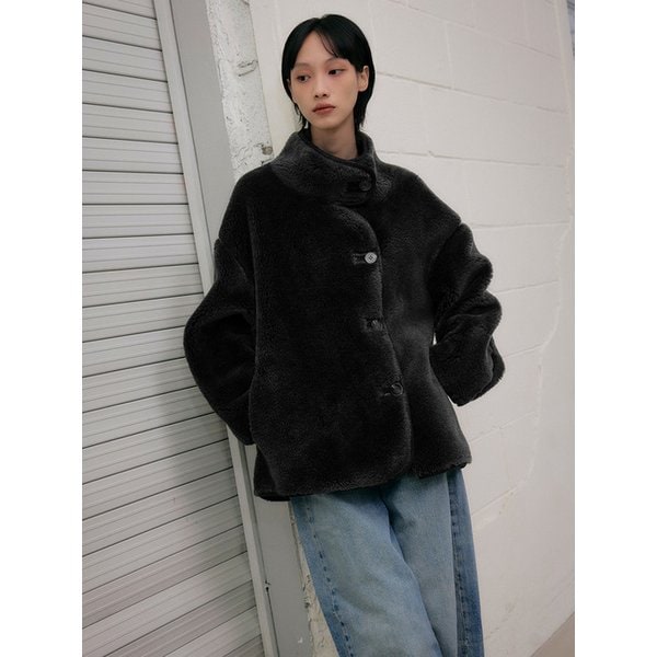 리얼 양털 오버핏 라인 무스탕 자켓 [차콜]