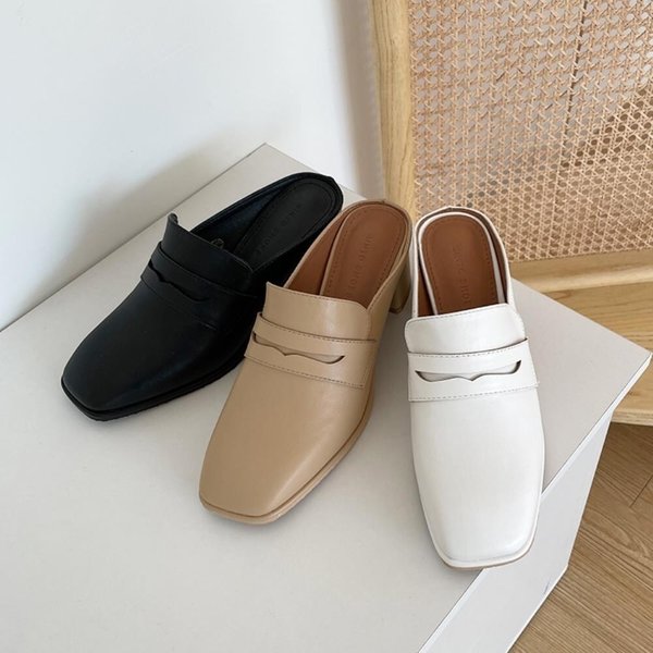 [옷자락] 여성 단화 베이직컬러 사각앞코 미들힐 뮬 구두