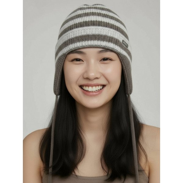 STRIPE EAR FLAP BEANIE [BEIGE]