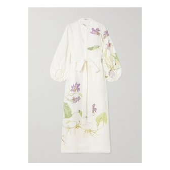 에르뎀 벨트 플로럴 프린트 리넨 미디 드레스 화이트 1647597359029879