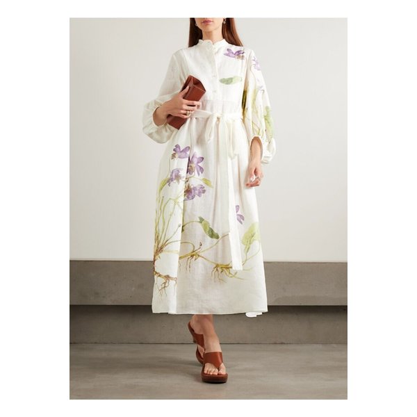 벨트 플로럴 프린트 리넨 미디 드레스 화이트 1647597359029879