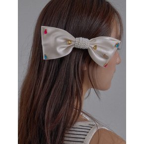 Crystal Gem Satin Bow Hairpin_Cream