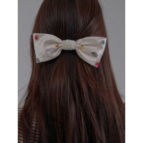 Crystal Gem Satin Bow Hairpin_Cream