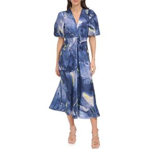 4601048 DKNY Print Puff Sleeve Satin Midi Dress