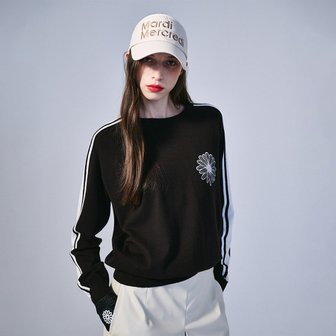 Mardi Mercredi Actif [마르디메크르디악티프]STRIPE SLEEVE KNIT PULLOVER FLOWER NEEDLEWORK_BLACK IVORY