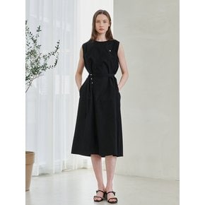 Round Neck Sleeveless Belted Dress - Black