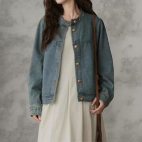 여성 클래식 노카라 골드버튼 청색 데님 긴팔 재킷_P398494224