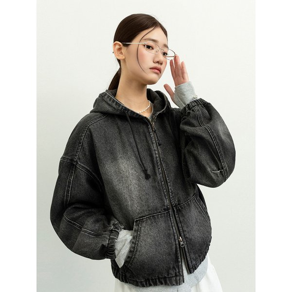 2WAY 세미 크롭 페이디드 후드 집업_데님 빈티지 블랙