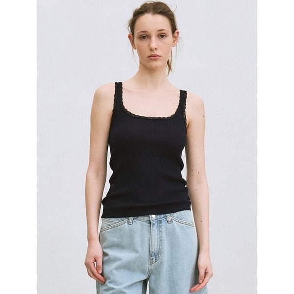 lace-trim sleeveless knit top (navy)