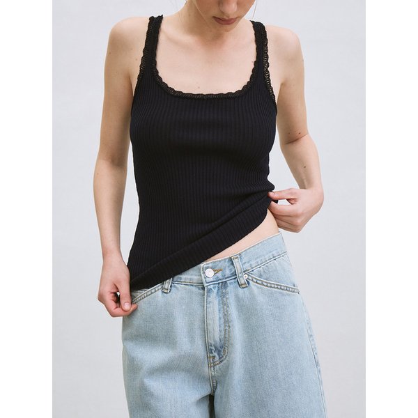 lace-trim sleeveless knit top (navy)