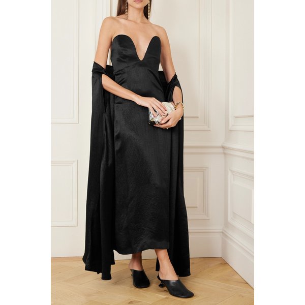 스트랩리스 케이프 이펙트 해머드 새틴 가운 블랙 1647597318392220