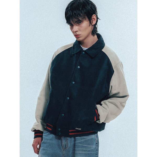 Vegan Suede Mix Fitted Varsity Jacket_Navy