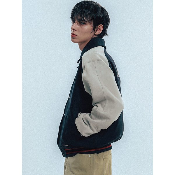 Vegan Suede Mix Fitted Varsity Jacket_Navy