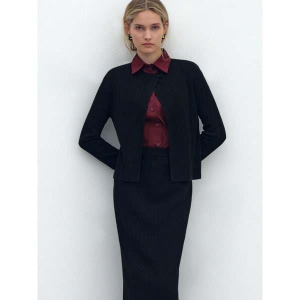 플리츠 골지 니트 가디건_블랙