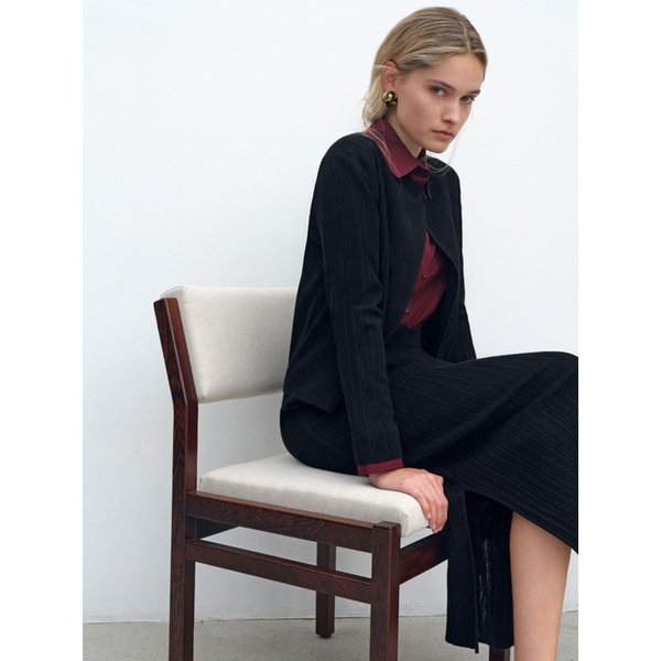 플리츠 골지 니트 가디건_블랙