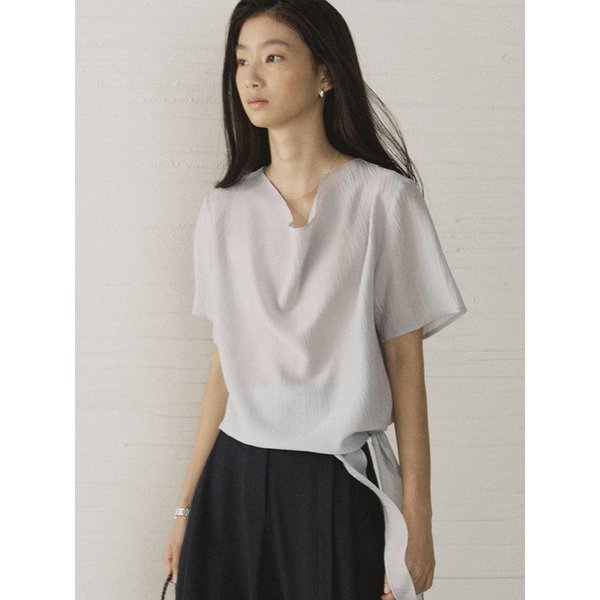 Drape wrap silky blouse_Ash blue