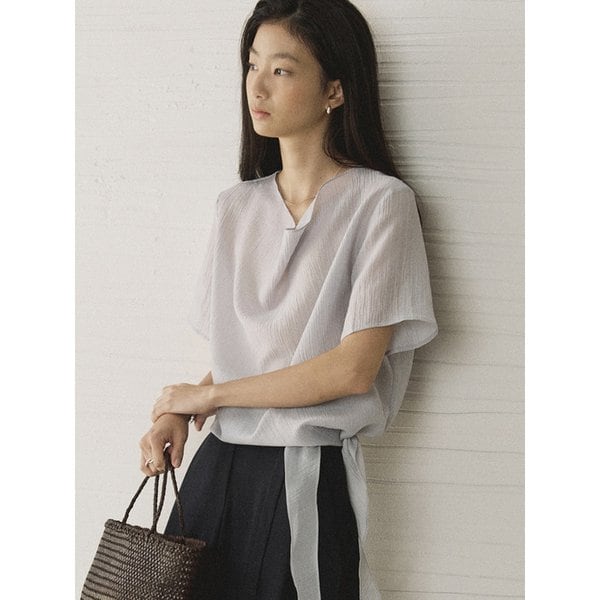Drape wrap silky blouse_Ash blue