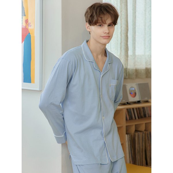 소프트L.블루 긴팔 순면 남성 빅사이즈 잠옷 세트