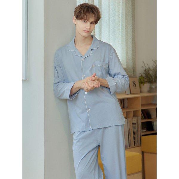 소프트L.블루 긴팔 순면 남성 빅사이즈 잠옷 세트