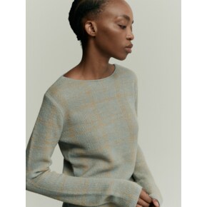 ALPACA BLEND BOAT NECK KNIT TOP CHECK CLOUD