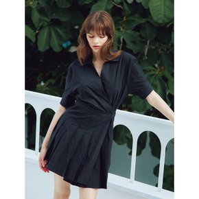 PLEATS DETAIL HALF SLEEVES WRAP ONEPIECE_BLACK