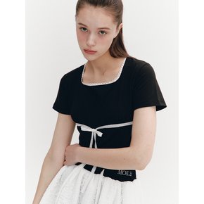 Lace Ribbon Shirring Top Black