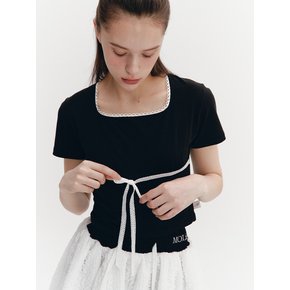 Lace Ribbon Shirring Top Black