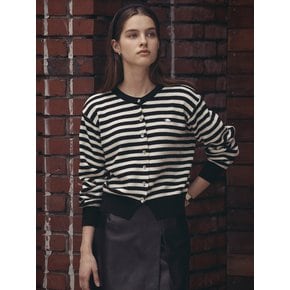 Stripe round neck wool cardigan_Black