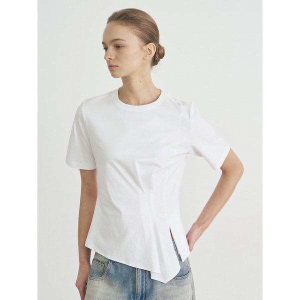 라운드 언발 턱 디테일 반팔 티셔츠_YC5ST15