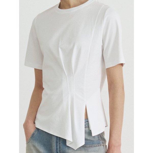 라운드 언발 턱 디테일 반팔 티셔츠_YC5ST15