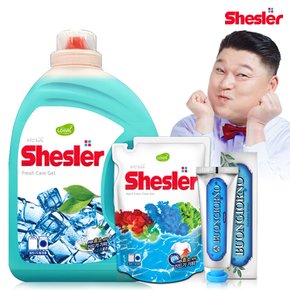 강호동의 쉬슬러 액상 세제 후레쉬 3.05L 1개+세제리필 500ml 1개+치석케어 치약 100g 1개.