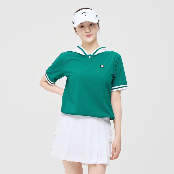 [부산점] 여성 에센셜 스트레치 경량 후드 반팔 우븐탑 그린
