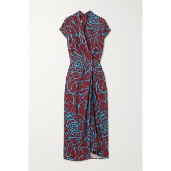 드리스반노튼 랩 효과 플로럴 프린트 새틴 미디 원피스 46376663162959027