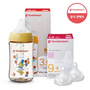 모유실감 3세대 PPSU 젖병 싱글 240ml  서커스베어 (젖꼭지M포함) +3세대 젖꼭지 2입x1개 (LL)