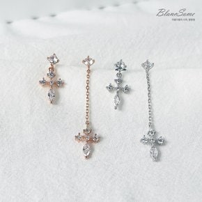 실버925 홀리 크로스 큐빅 드롭 이어링 은침 데일리 십자가 귀걸이 로즈골드 실버