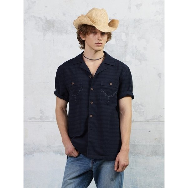 Men Western Embroidered Pocket Shirt,  Navy