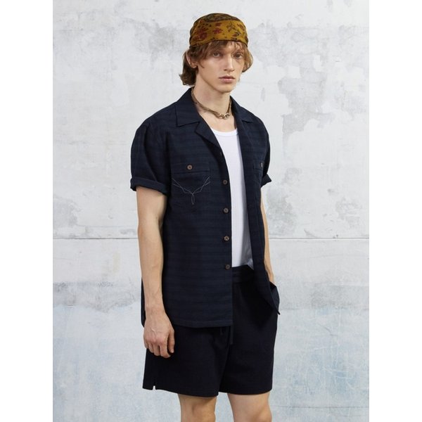 Men Western Embroidered Pocket Shirt,  Navy