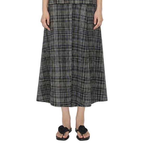 Linen Check Three-tuck Skirt_Multi