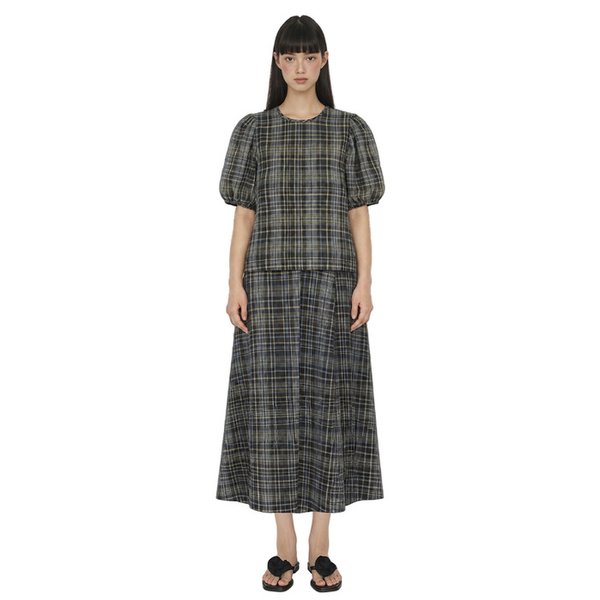 Linen Check Three-tuck Skirt_Multi