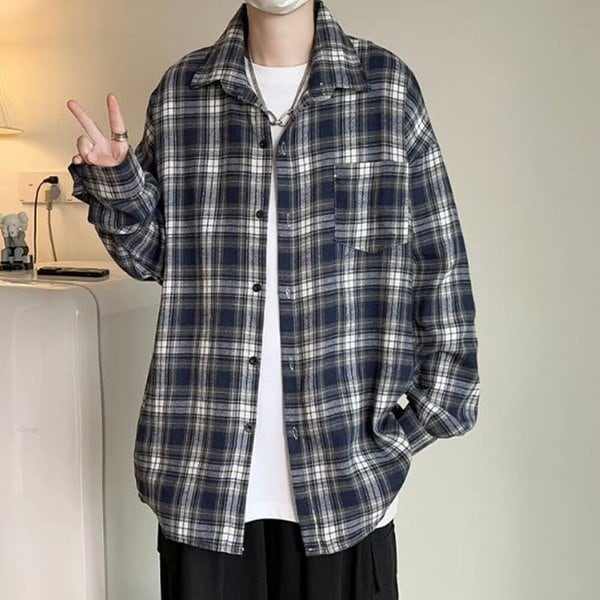 남자 오버핏 베이직 캐주얼 포켓 체크 셔츠 LD-SHA-SSIS664-체크