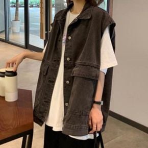 여성 캐주얼 면혼방 블랙 포켓 데님 베스트_P409188815